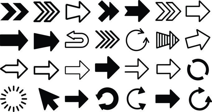 Arrow icon set featuring black line outline and solid directional pointers for website navigation user interfaceArrow icon set featuring black line outline and solid directional pointers for website n