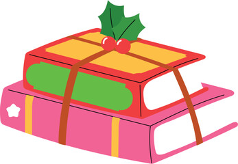 Fototapeta premium Stack of book with Ribbon for Christmas Gift, Colorful Books with Holly illustration