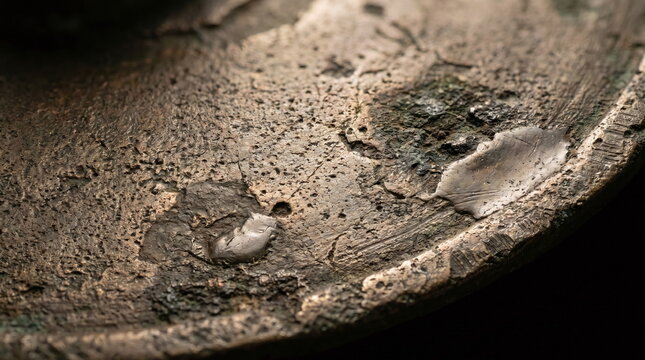 Macro close up of a pitted ancient metal artifact with shiny restoration patches under cinematic lighting in a museum workshop
