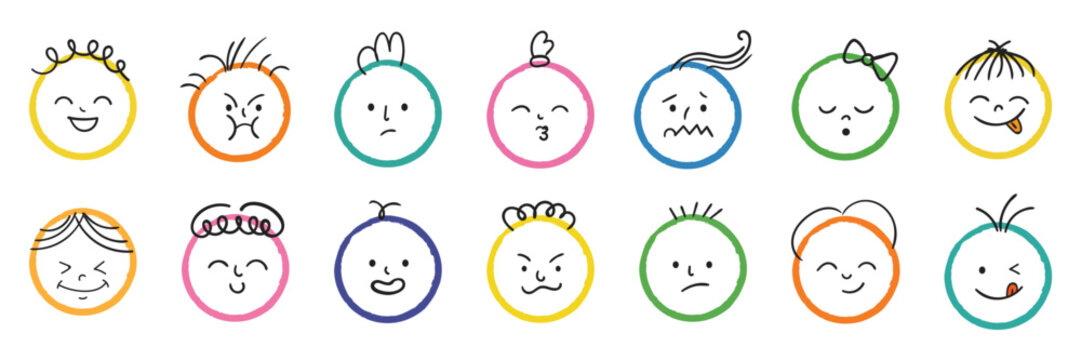 Hand drawn doodle face avatar icon set, minimal line art funny emotion characters and comic emoji expressions inside colorful rough circles illustration