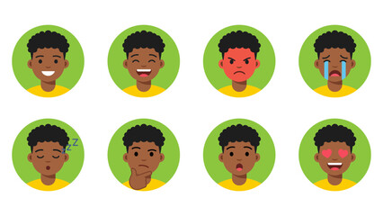 African boy emotion avatar icon set, diverse facial expression portraits of young black kid showing happy angry sad crying and love reactions in circle © VectorBank