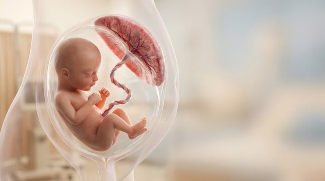 Healthy Developing Baby in Womb with Placenta and Umbilical Cord Medical Illustration