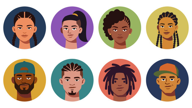 Multicultural people profile avatar set, trendy young men and women character portraits with stylish dreadlocks cap and modern hairstyles illustration