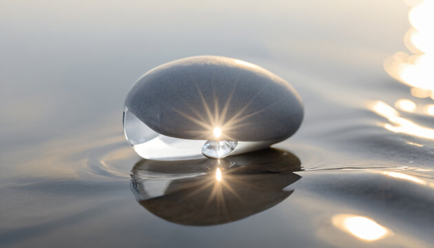 Clear crystal drop on a wet grey wave surface catching bright morning sun rays