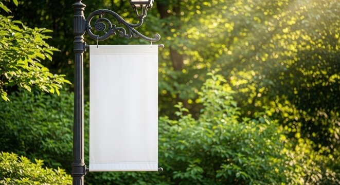 White banner on ornate lamp post in park with dappled sunlight.