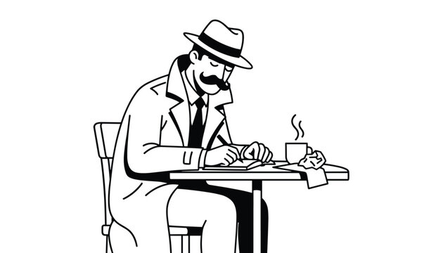 Man dressed as a detective or private investigator sitting at a cafe table writing in a notebook with coffee nearby.