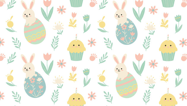 Easter themed seamless pattern featuring cute bunnies in eggs, yellow chicks, cupcakes, and spring flowers on a white background.