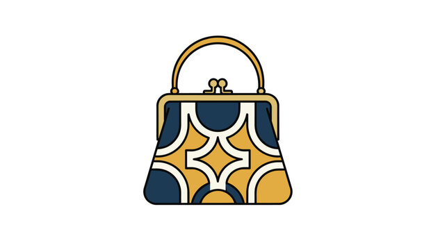 Elegant vintage-style ladies handbag with a geometric pattern in navy blue, gold, and white, featuring a secure brass clasp closure.