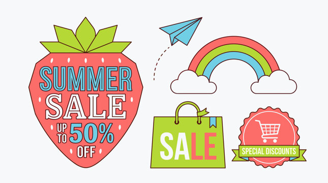 Sale signs and icons display discounts outdoors