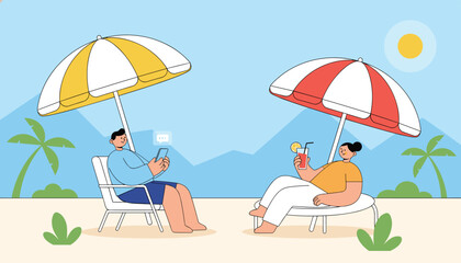 Fototapeta premium People relaxing on a beach under colorful sun umbrellas with cold drinks and phones on a sunny day during a summer vacation.