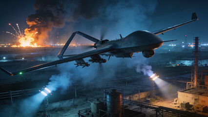 Fototapeta premium Night drone attack over a city with explosions, searchlights, and military UAVs during an armed conflict.