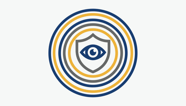 Security and privacy concept featuring an eye icon protected by a shield within concentric circles, representing digital data protection.