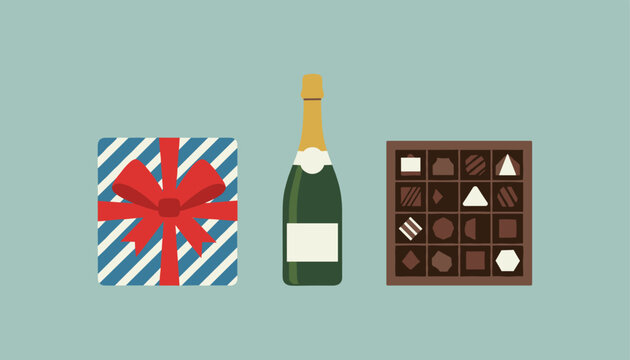 Elegant gift arrangement featuring a blue and white striped gift box a champagne bottle and a box of assorted gourmet chocolates.