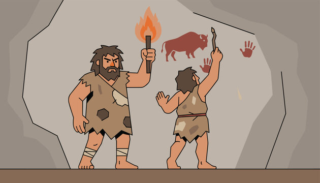 Two primitive cavemen exploring an ancient stone cavern while painting images of a bison and handprints on the rocky wall.