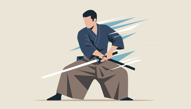Skilled Japanese warrior in traditional clothing performing a swift sword movement with motion blur effects in a minimalist style.