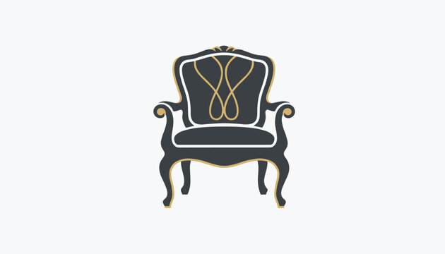 Elegant vintage armchair with a dark upholstery and golden decorative trim showcased against a plain light gray background studio.