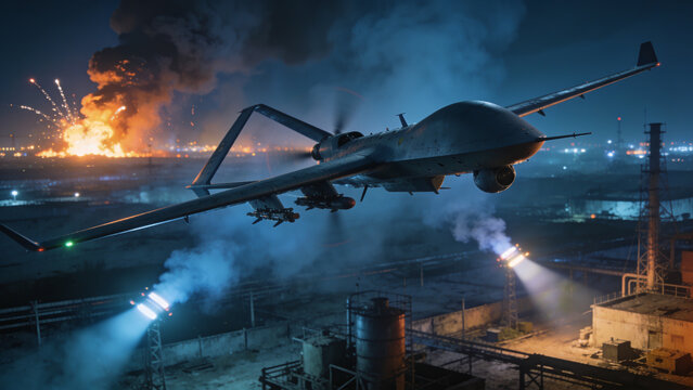 Night drone attack over a city with explosions, searchlights, and military UAVs during an armed conflict.