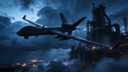 Fototapeta premium Night drone attack over a city with explosions, searchlights, and military UAVs during an armed conflict.