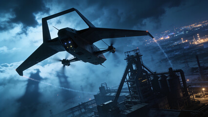 Fototapeta premium Night drone attack over a city with explosions, searchlights, and military UAVs during an armed conflict.