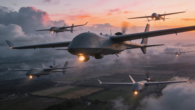 Military combat drones flying in formation during a coordinated aerial attack at sunset with missiles, explosions, and dramatic storm clouds.