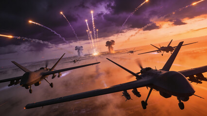 Fototapeta premium Military combat drones flying in formation during a coordinated aerial attack at sunset with missiles, explosions, and dramatic storm clouds.