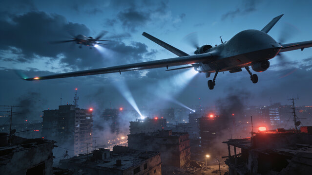 Night drone attack over a city with explosions, searchlights, and military UAVs during an armed conflict.