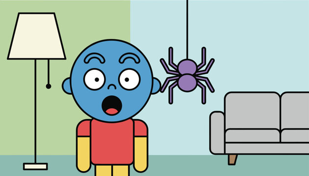 Surprised blue cartoon character reacting to a purple spider hanging on a thread from the ceiling in a modern home.