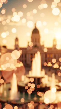 An Enchanting Sunset Scene Featuring a Grand Fountain and Architectural Splendor, Illuminated by Warm Lights, Evoking a Magical Atmosphere of Serenity