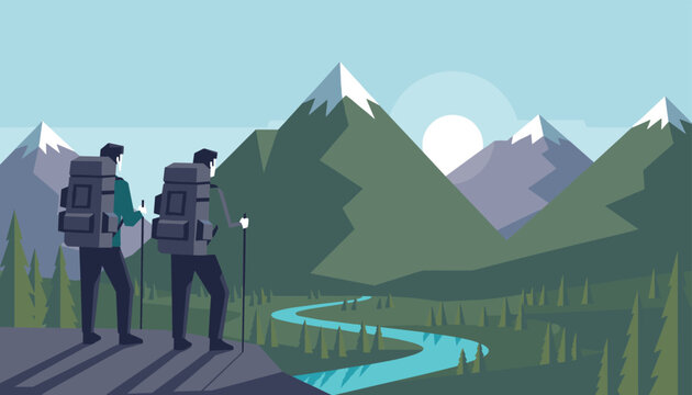 Two backpackers with large hiking packs standing on a mountain cliff observing a winding river and lush green pine forest scenery.