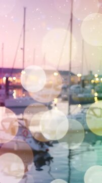 A Serene Evening at the Marina: Gentle Waves Reflecting Soft Lights from Boats and Distant Shorelines under a Twilight Sky