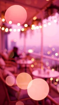 A Cozy Evening Ambiance: Warm Bokeh Lights and Soft Pink Hues Brighten a Serene Outdoor Cafe Setting, Inviting Relaxation and Capturing Memories with Friends