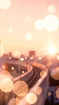 Scenic View of a Curved Railway Track Against a Beautiful Sunset with Vibrant Bokeh Effects and Urban Skyline in the Background