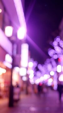 A Captivating Evening Scene of a Vibrant Street Illuminated by Soft Purple Lights and Magical Bokeh Effects, Creating an Enchanting Atmosphere for Strolling Visitors