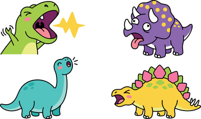 Cute Cartoon Dinosaur Sticker Collection Featuring Tyrannosaurus Rex Triceratops Brachiosaurus and Stegosaurus Emoji Character Vector Illustrations for Kids Designs © Miss