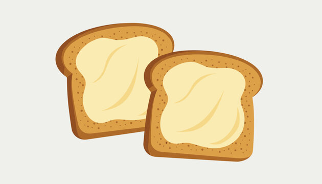 Two slices of toasted bread with a generous layer of butter or creamy spread centered on a light grey background.