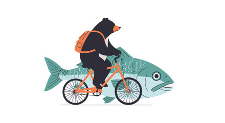 Fototapeta premium Bear riding bicycle on a giant fish, surreal, whimsical, funny, isolated on white