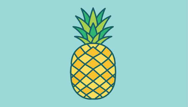 Whole fresh pineapple with green leaves on a light blue background for tropical food and summer theme concepts.