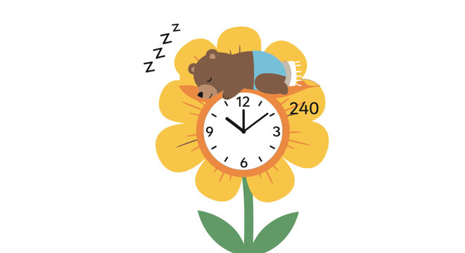Cute Bear Sleeping on Flower Clock, Peaceful Nap Time Illustration