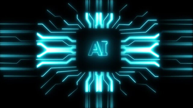 Technology  AI circuit board background. Glowing neon Computer motherboard icon , AI technology neon line circuit symbol icon. Artificial Intelligence Chip with Glowing Circuit Lines .
