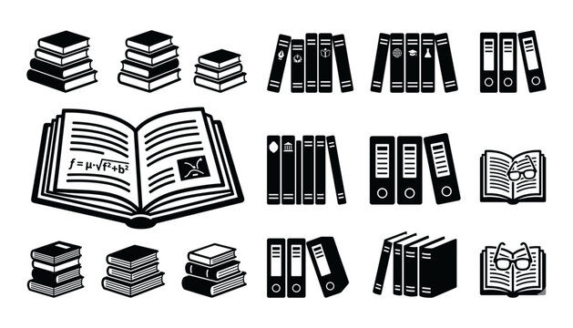 Book Icons Set with Open Book, Stacks, Binders, and Library Symbols in Clean Vector Style for Education