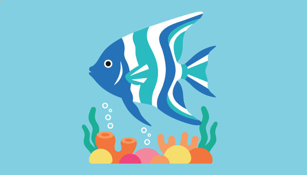 Playful illustration of an angelfish swimming above colorful coral reefs with bubbles rising toward the surface on a blue background.