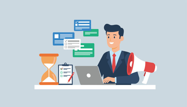 Professional businessman sitting at a desk with a laptop, hourglass, checklist, and megaphone in a corporate office setting illustration.