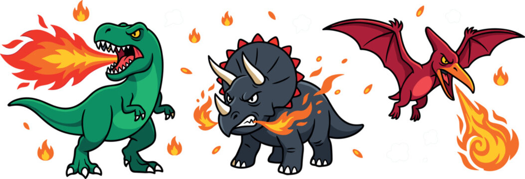 Angry Fire Breathing Dinosaur Cartoon Character Collection Featuring Tyrannosaurus Rex Triceratops and Pterodactyl Monster Mascot Illustrations for Gamers