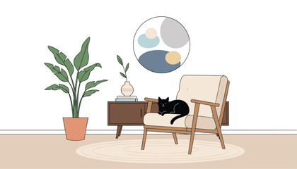 Fototapeta premium Cozy living room interior featuring a comfortable armchair with a black cat resting on it next to a potted plant and sideboard.