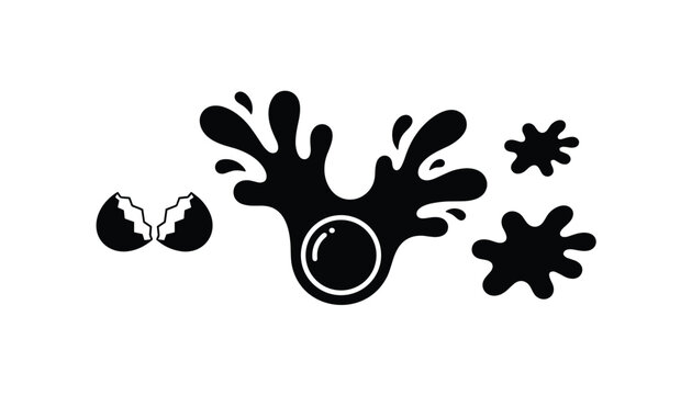 Broken eggshell with a black liquid splash and ink blots creating an abstract artistic composition on a plain white background design element.