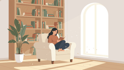 Fototapeta premium Young woman sits comfortably in a plush white armchair by a large window reading a book in a cozy library with full bookshelves.