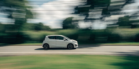 Fototapeta premium White compact car driving fast on countryside road with motion blur background symbolizing speed travel transportation and modern automotive movement concept Generative Ai.