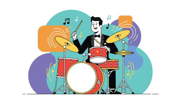 Musician playing a drum kit with energy while surrounded by musical notes and colorful abstract shapes on a white background.