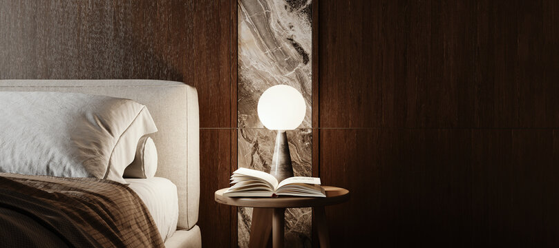 Bedroom. Close up of bed and night stand with lamp. 3D Rendering, 3D Illustration