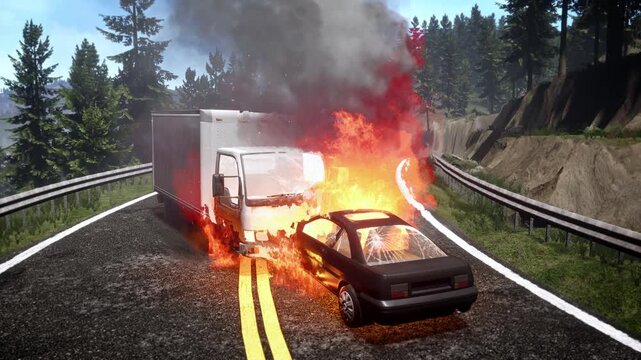 Head On Collision Between Car and Box Truck Exploding on Highway